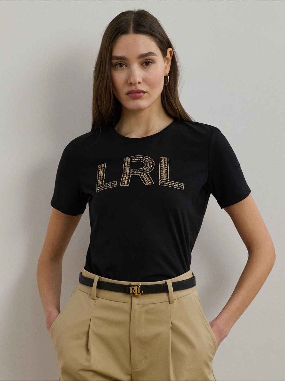 Lauren Ralph Lauren Black Short-Sleeve Logo Tee with Gold Embroidery